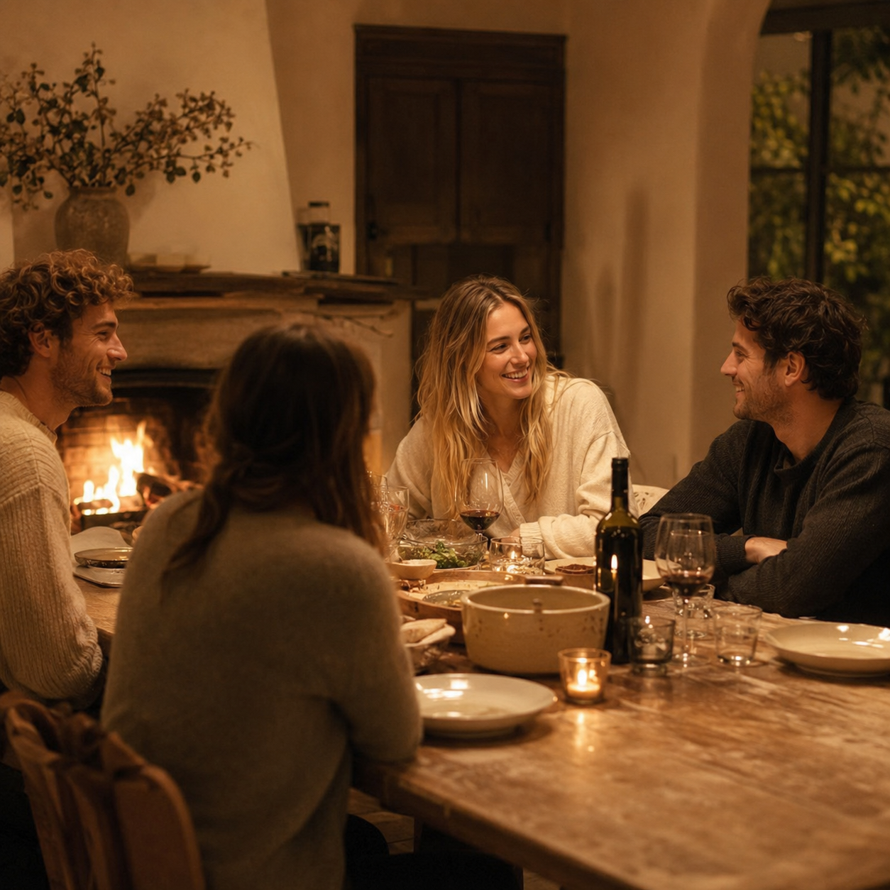 Friends sharing a warm dinner by the fireplace