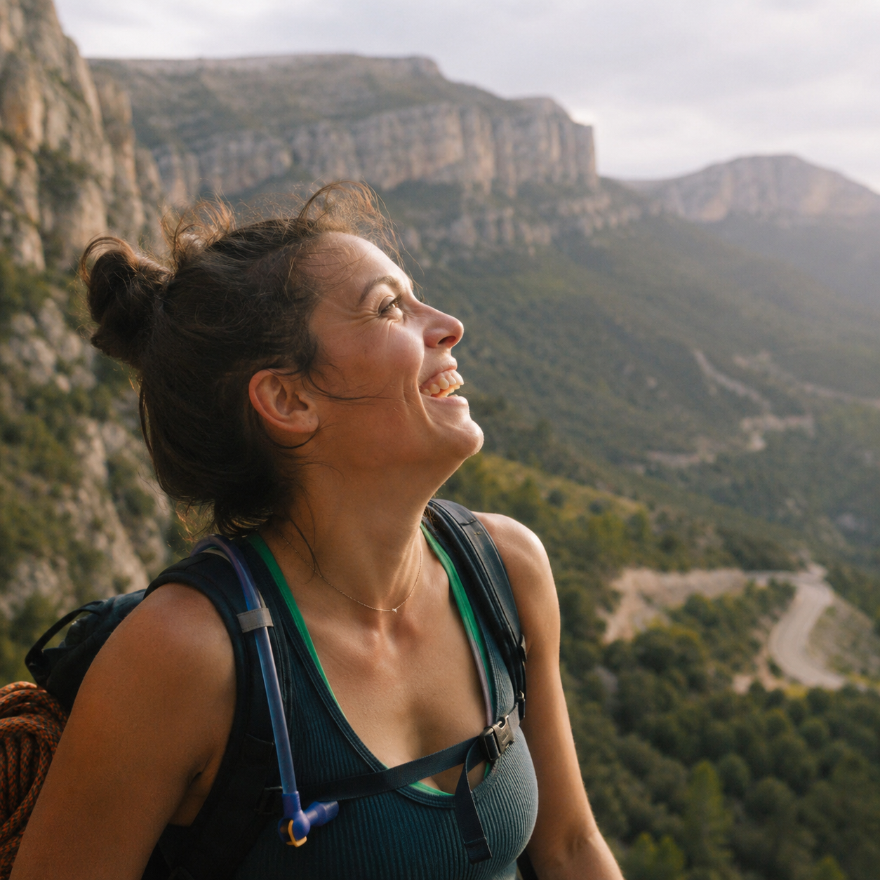 Woman smiling on a mountain hike