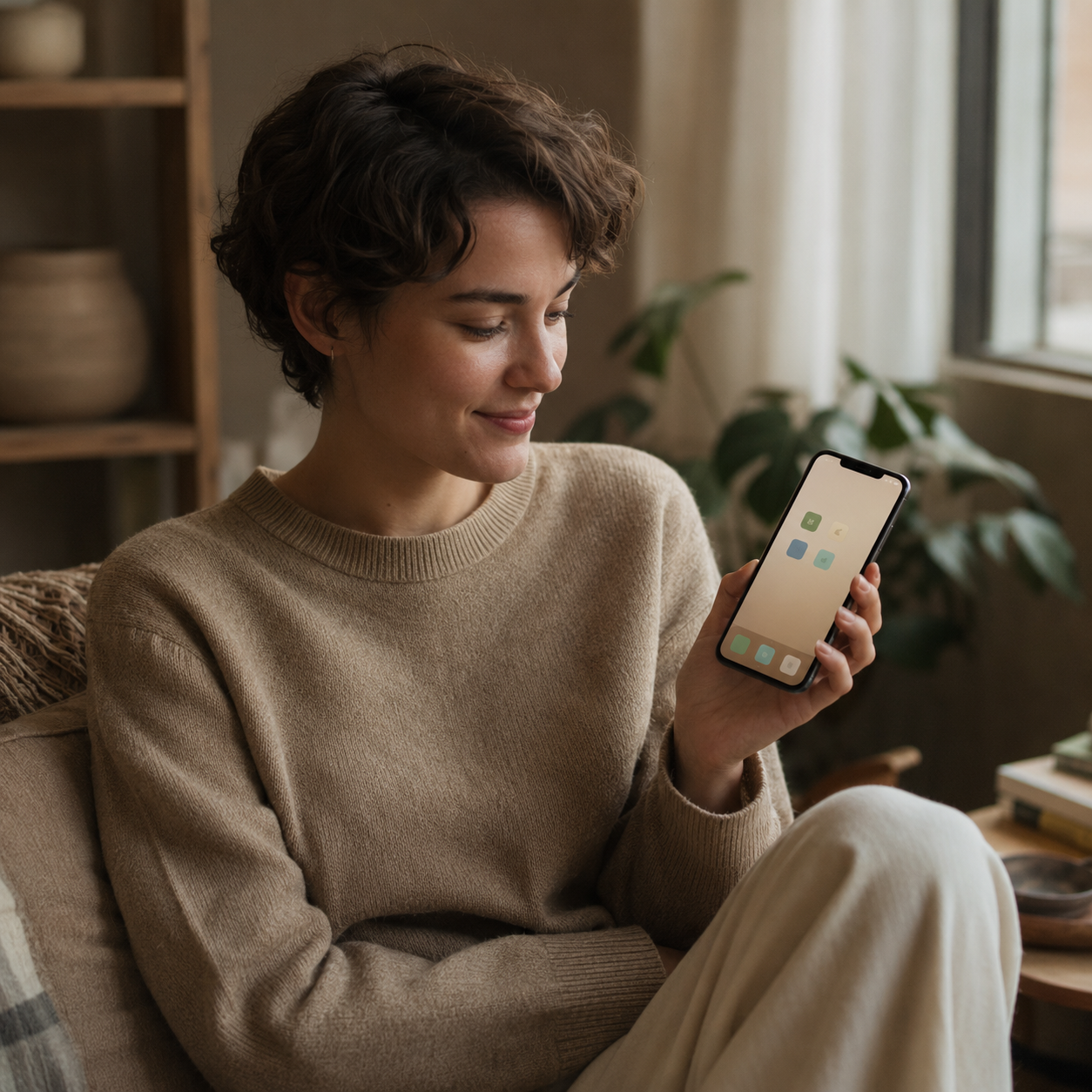 Person glancing at a calm phone home screen