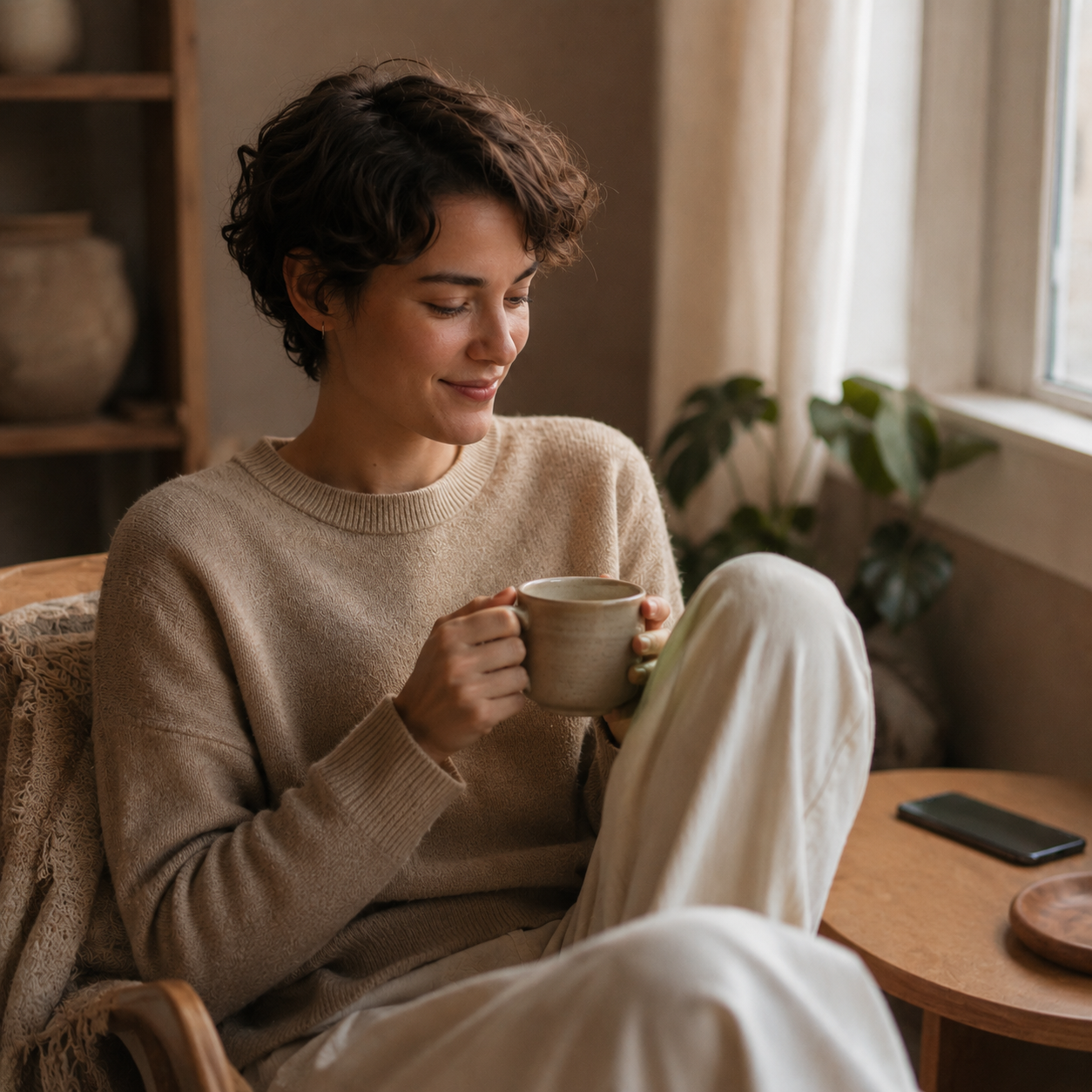 Woman relaxing with a coffee, phone set aside