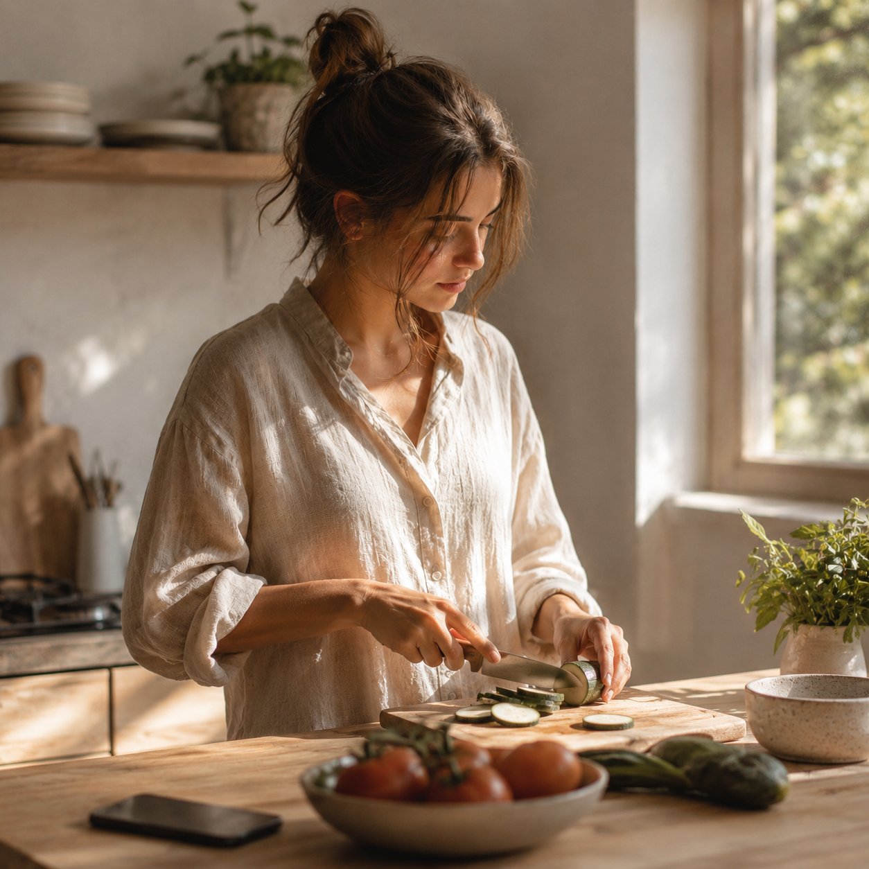 Woman cooking in a sunlit kitchen with her phone set aside
