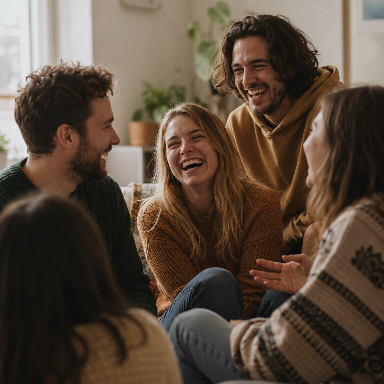 Friends laughing together at home