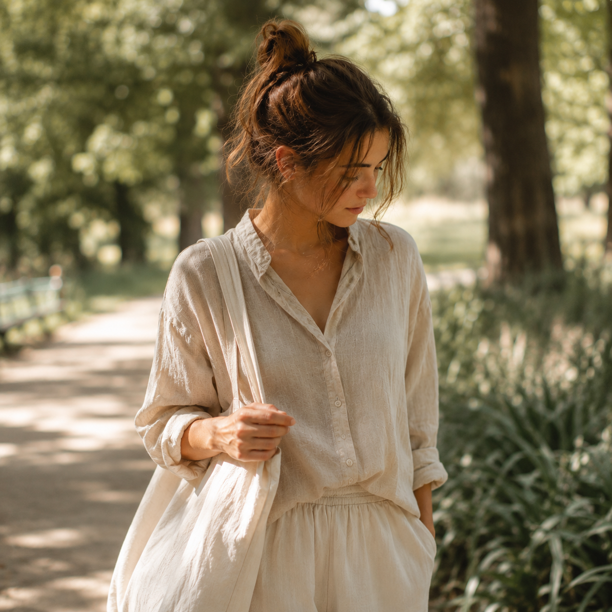 Woman walking calmly through a sunlit park