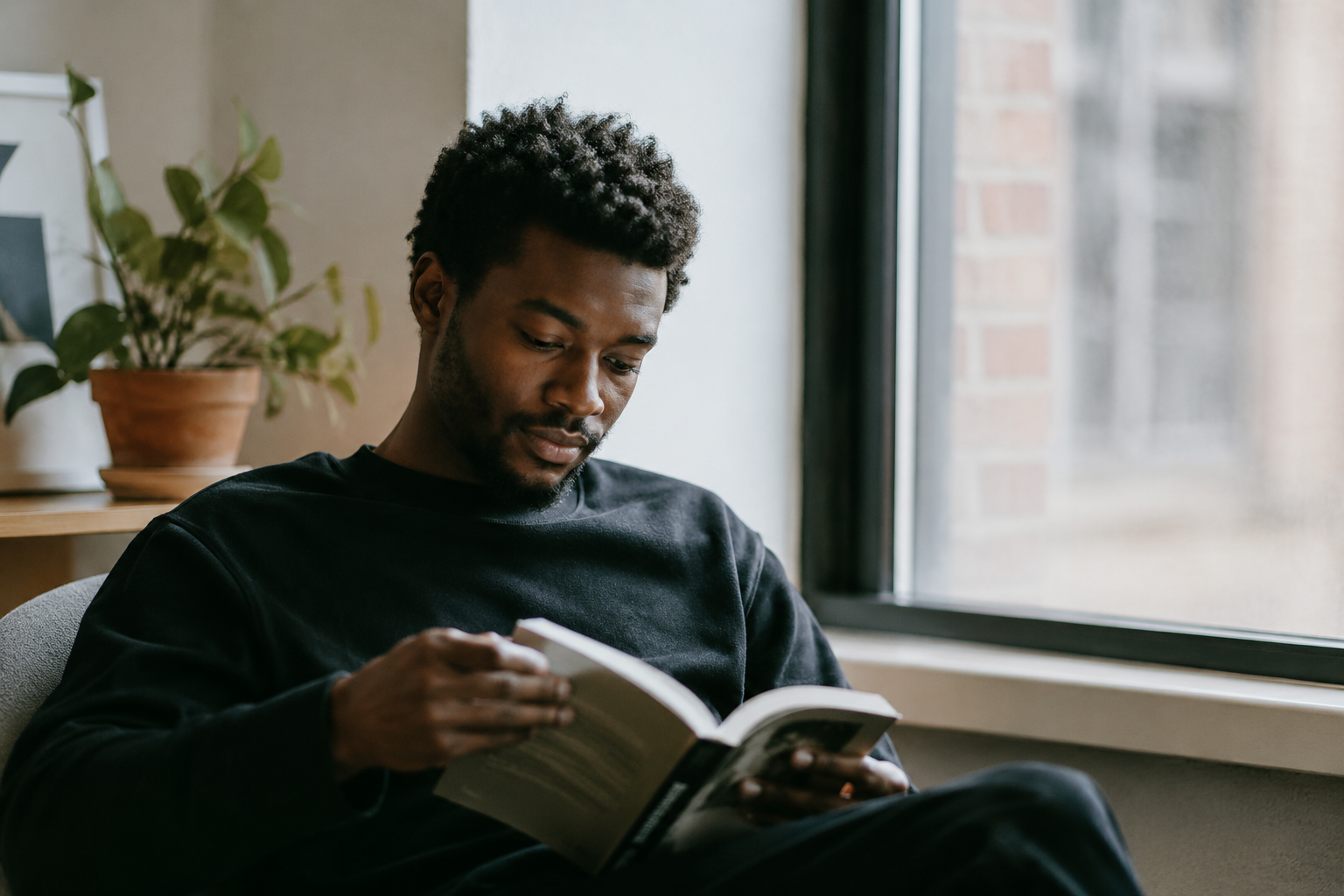 Man reading a book by the window
